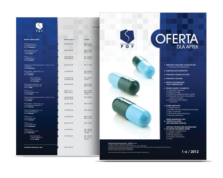 Projekt graficzny katalogu<br>PGF Katalog leków<br>jeden z najpopularniejszych w Polsce<br>StudioQla 2012